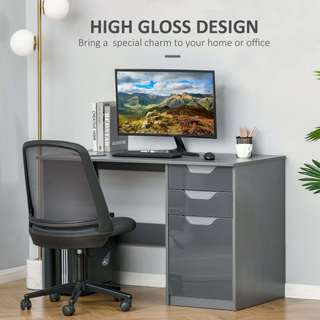 High Gloss Computer Desk with Drawers, Modern Writing Workstation with Storage Cabinet, PC Study Table for Home, Office, Study, Grey - Giant Lobelia