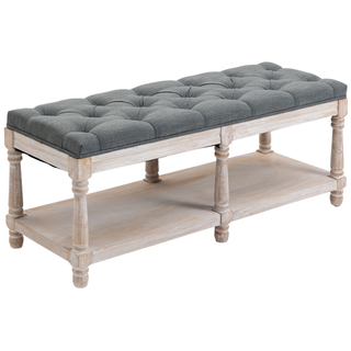 2-Tier Bed End Bench, Vintage Stool, Wooden Window Seat with Storage Shelf, Button Tufted Upholstered Footstool for Living Room, Bedroom, Entryway, Grey - Giant Lobelia
