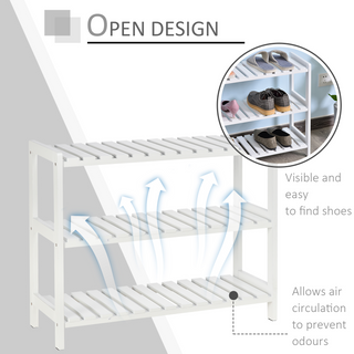 3-Tier Shoe Rack Wood Frame Slatted Shelves Spacious Open Hygienic Storage Home Hallway Furniture Family Guests 70L x 26W x 57.5H cm - White - Giant Lobelia