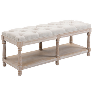 2-Tier Bed End Bench, Vintage Stool, Wooden Window Seat with Storage Shelf, Button Tufted Upholstered Footstool for Living Room, Bedroom, Entryway, Cream White - Giant Lobelia