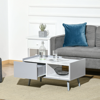 HOMCOM Modern Coffee Table with Marble Effect, Rectangular Center Table with Drawer, Storage Compartment for Living Room - Giant Lobelia