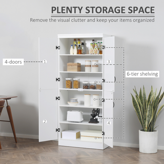 4-Door Tall Kitchen Cupboard, Freestanding 6-Tier Storage Cabinet with 2 Adjustable Shelves for Living Room, Dining Room, White - Giant Lobelia