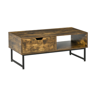 Industrial Coffee table Wooden End Table with Shortage Shelf and Drawer Modern Sofa Table for Living Room, Office, Reception Room Wooden Tabletop Metal Frame, Rustic Brown 106W x 48D x 43H cm - Giant Lobelia