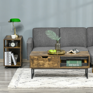 Industrial Coffee table Wooden End Table with Shortage Shelf and Drawer Modern Sofa Table for Living Room, Office, Reception Room Wooden Tabletop Metal Frame, Rustic Brown 106W x 48D x 43H cm - Giant Lobelia