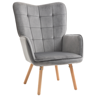 Modern Accent Chair Velvet-Touch Tufted Wingback Armchair Upholstered Leisure Lounge Sofa Club Chair with Wood Legs, Grey - Giant Lobelia