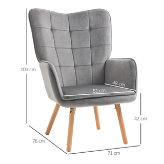 Modern Accent Chair Velvet-Touch Tufted Wingback Armchair Upholstered Leisure Lounge Sofa Club Chair with Wood Legs, Grey - Giant Lobelia