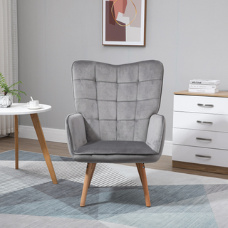 Modern Accent Chair Velvet-Touch Tufted Wingback Armchair Upholstered Leisure Lounge Sofa Club Chair with Wood Legs, Grey - Giant Lobelia