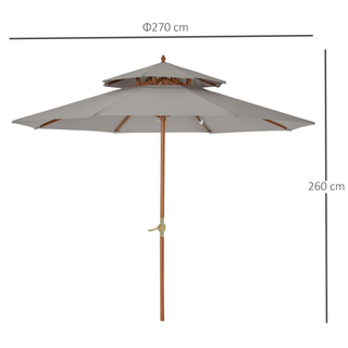 2.7 m Patio Parasol Double Tier Garden Umbrellas Outdoor Sun Umbrella Sunshade Bamboo Parasol, Grey - Giant Lobelia