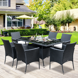 Rattan Garden Furniture Dining Set 6-seater Patio Rectangular Table Cube Chairs Outdoor Fire Retardant Sponge Black - Giant Lobelia