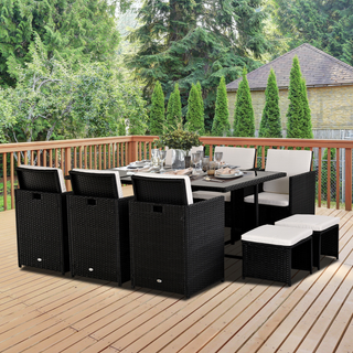 Outsunny 11PC Rattan Garden Furniture Outdoor Patio Dining Table Set Weave Wicker 10 Seater Stool Black - Giant Lobelia