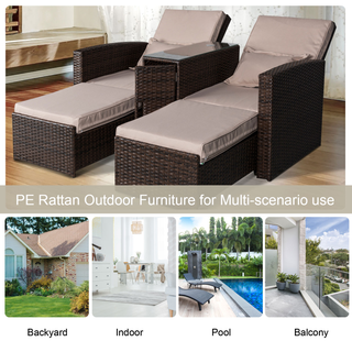 Outsunny Outdoor Adjustable Garden Rattan Companion Sofa Chair & Stool Lounger Recliner Love Sunbed Daybed Patio Wicker Weave Furniture Set Already Assembled with Umbrella Hole Brown - Giant Lobelia