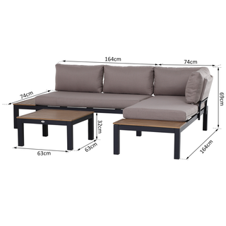 3 PCs  Garden Outdoor Sectional Corner Sofa Lounge and Coffee Table Set Aluminium Frame with Cushions Patio Furniture - Giant Lobelia