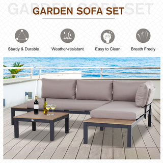 3 PCs  Garden Outdoor Sectional Corner Sofa Lounge and Coffee Table Set Aluminium Frame with Cushions Patio Furniture - Giant Lobelia