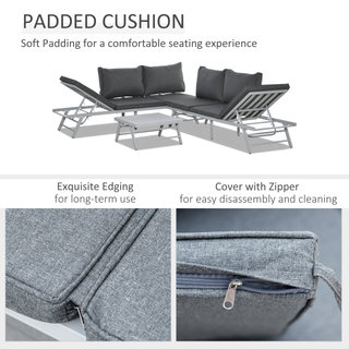 3 Pcs Garden Seating Set w/ Convertible Sofa Lounge Table Padded Cushions Outdoor Patio Furniture Couch Grey - Giant Lobelia