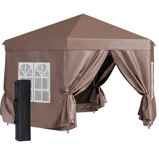 4x4m Hexagonal Garden Pop up Gazebo Marquee Party Tent Wedding Canopy Height Adjustable with Storage Bag - Brown - Giant Lobelia