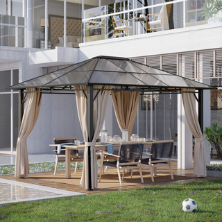 3.6 x 3(m) Hardtop Gazebo Canopy with Polycarbonate Roof Garden Pavilion with Removable Curtains and Steel Frame, Brown - Giant Lobelia