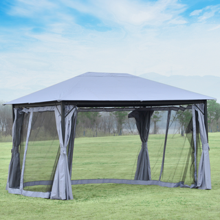 4 x 3(m) Outdoor Gazebo Canopy Aluminum Party Tent Garden Pavilion Patio Shelter with Curtains, Netting Sidewalls, Grey - Giant Lobelia