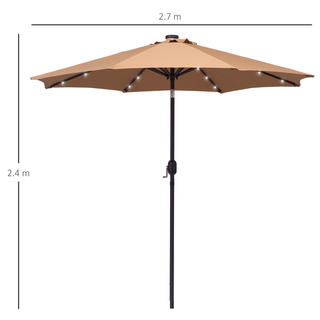 2.7m Patio Garden Umbrella Outdoor Parasol with Tilt Crank and 24 LEDs Lights (Brown) - Giant Lobelia