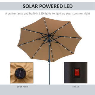 2.7m Patio Garden Umbrella Outdoor Parasol with Tilt Crank and 24 LEDs Lights (Brown) - Giant Lobelia