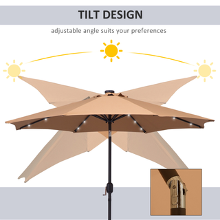 2.7m Patio Garden Umbrella Outdoor Parasol with Tilt Crank and 24 LEDs Lights (Brown) - Giant Lobelia