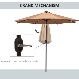 2.7m Patio Garden Umbrella Outdoor Parasol with Tilt Crank and 24 LEDs Lights (Brown) - Giant Lobelia