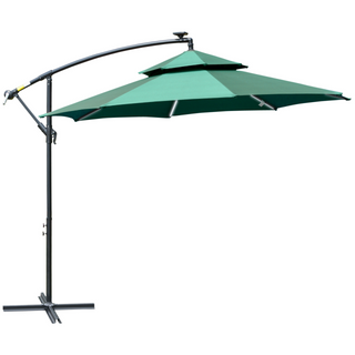 3(m) Cantilever Banana Parasol Hanging Umbrella with Double Roof, LED Solar lights, Crank, 8 Sturdy Ribs and Cross Base for Outdoor, Garden, Patio, Green - Giant Lobelia