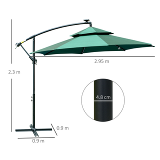 3(m) Cantilever Banana Parasol Hanging Umbrella with Double Roof, LED Solar lights, Crank, 8 Sturdy Ribs and Cross Base for Outdoor, Garden, Patio, Green - Giant Lobelia