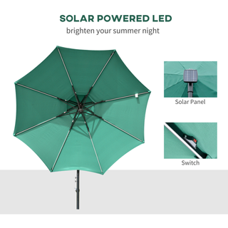 3(m) Cantilever Banana Parasol Hanging Umbrella with Double Roof, LED Solar lights, Crank, 8 Sturdy Ribs and Cross Base for Outdoor, Garden, Patio, Green - Giant Lobelia