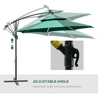 3(m) Cantilever Banana Parasol Hanging Umbrella with Double Roof, LED Solar lights, Crank, 8 Sturdy Ribs and Cross Base for Outdoor, Garden, Patio, Green - Giant Lobelia