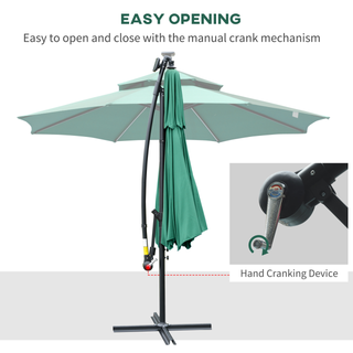 3(m) Cantilever Banana Parasol Hanging Umbrella with Double Roof, LED Solar lights, Crank, 8 Sturdy Ribs and Cross Base for Outdoor, Garden, Patio, Green - Giant Lobelia