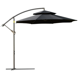 2.7m Garden Banana Parasol Cantilever Umbrella with Crank Handle, Double Tier Canopy and Cross Base for Outdoor, Hanging Sun Shade, Black - Giant Lobelia