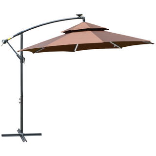 3(m) Cantilever Banana Parasol Hanging Umbrella with Double Roof, LED Solar lights, Crank, 8 Sturdy Ribs and Cross Base for Outdoor, Garden, Patio, Coffee - Giant Lobelia