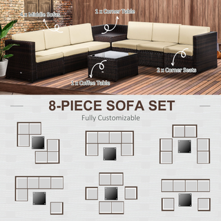 Outsunny 8 pcs Outdoor Rattan Garden Furniture Patio Sofa and Table Set with Cushions and Storage Design 6 Seater Corner Wicker Seat with Storage, Brown - Giant Lobelia