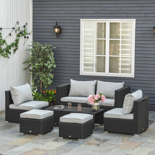8pc Rattan Garden Furniture 6 Seater Sofa & Coffee Table Set Bonzer Outdoor Patio Furniture Wicker Weave Chair Space-saving Compact - Black - Giant Lobelia