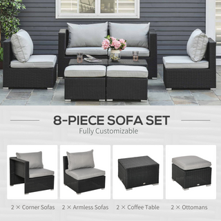 8pc Rattan Garden Furniture 6 Seater Sofa & Coffee Table Set Bonzer Outdoor Patio Furniture Wicker Weave Chair Space-saving Compact - Black - Giant Lobelia