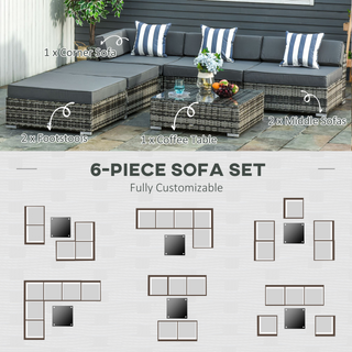 6 PC Rattan Sofa Coffee Table Set Sectional Wicker Weave Furniture for Garden Outdoor Conservatory w/ Pillow Cushion Grey - Giant Lobelia