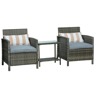 Garden Outdoor Rattan Furniture 3 Pieces Patio Bistro Set Wicker Weave Conservatory Sofa Chair & Table Set with Cushion Pillow - Grey - Giant Lobelia