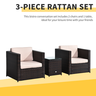 3 Pieces Rattan Bistro Set, Patio Wicker Balcony Furniture, Conservatory Sofa Table and Chairs Sets for Garden, Backyard, Porch, Brown - Giant Lobelia