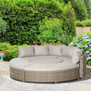 5 Pieces Outdoor PE Rattan Patio Furniture Set Lounge Chair Round Daybed Liftable Coffee Table Conversation Set with Olefin Cushion & Protect Cover - Giant Lobelia