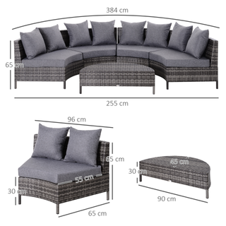 Rattan Garden Furniture 4 Seaters Half-round Patio Outdoor Sofa & Table Set Wicker Weave Conservatory Cushioned Seat with Pillow - Grey - Giant Lobelia