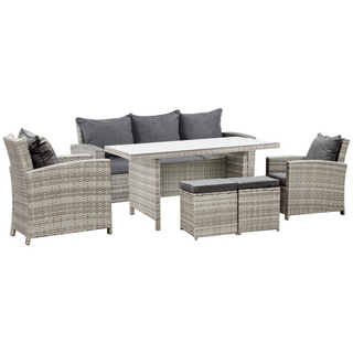 6Pcs Rattan Dining Set, 7-seater Aluminum Sofa Table Footstool Outdoor with Cushion Armchairs Patio Garden Furniture - Giant Lobelia