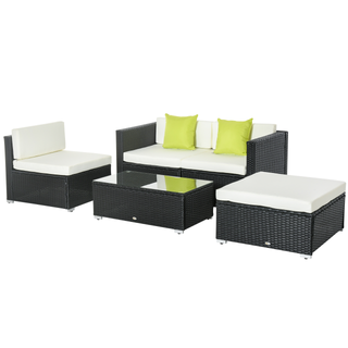 5PC Rattan Furniture Set Garden Outdoor Sectional Sofa Coffee Table Combo Patio Furniture Metal Frame w/ Cushion Pillows Black - Giant Lobelia