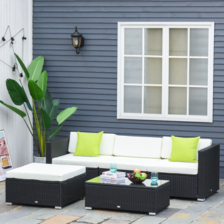 5PC Rattan Furniture Set Garden Outdoor Sectional Sofa Coffee Table Combo Patio Furniture Metal Frame w/ Cushion Pillows Black - Giant Lobelia