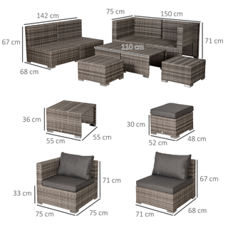 8pc Rattan Garden Furniture 6 Seater Sofa & Coffee Table Set Bonzer Outdoor Patio Furniture Wicker Weave Chair Space-saving Compact - Grey - Giant Lobelia