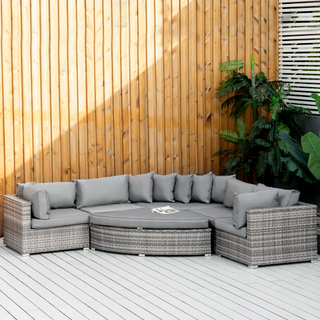 6 PCs Outdoor Rattan Wicker Sofa Set Bonzer Half Round Patio Conversation Furniture Set w/ Angled Corner Design, Cushions Grey - Giant Lobelia