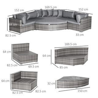 6 PCs Outdoor Rattan Wicker Sofa Set Bonzer Half Round Patio Conversation Furniture Set w/ Angled Corner Design, Cushions Grey - Giant Lobelia