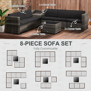 Outsunny 8 pcs Outdoor Rattan Garden Furniture Patio Sofa and Table Set with Cushions 6 Seater Corner Wicker Seat with Storage, Grey - Giant Lobelia