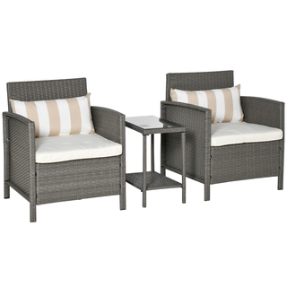 Garden Outdoor Rattan Furniture 3 Pieces Patio Bistro Set Wicker Weave Conservatory Sofa Chair & Table Set with Cushion Pillow - Light Grey - Giant Lobelia