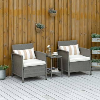 Garden Outdoor Rattan Furniture 3 Pieces Patio Bistro Set Wicker Weave Conservatory Sofa Chair & Table Set with Cushion Pillow - Light Grey - Giant Lobelia