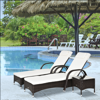 Outsunny 3 Pieces Patio Lounge Chair Set, Garden Wicker Wheeling Recliner Outdoor Daybed, PE Rattan Lounge Chairs for Outside with Cushions & Side Coffee Table for Backyard, Poolside, Brown - Giant Lobelia